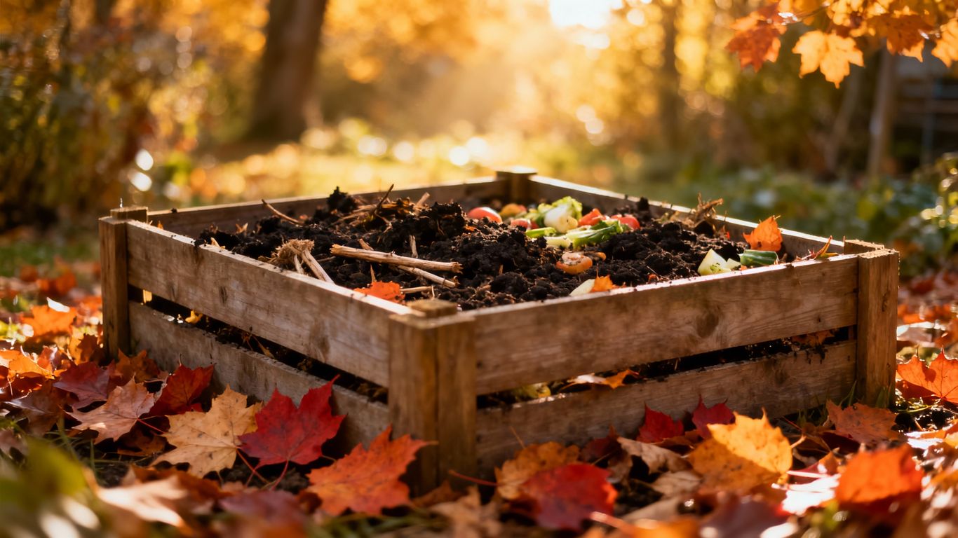 Komposthaufen im Herbst mit bunten Blättern