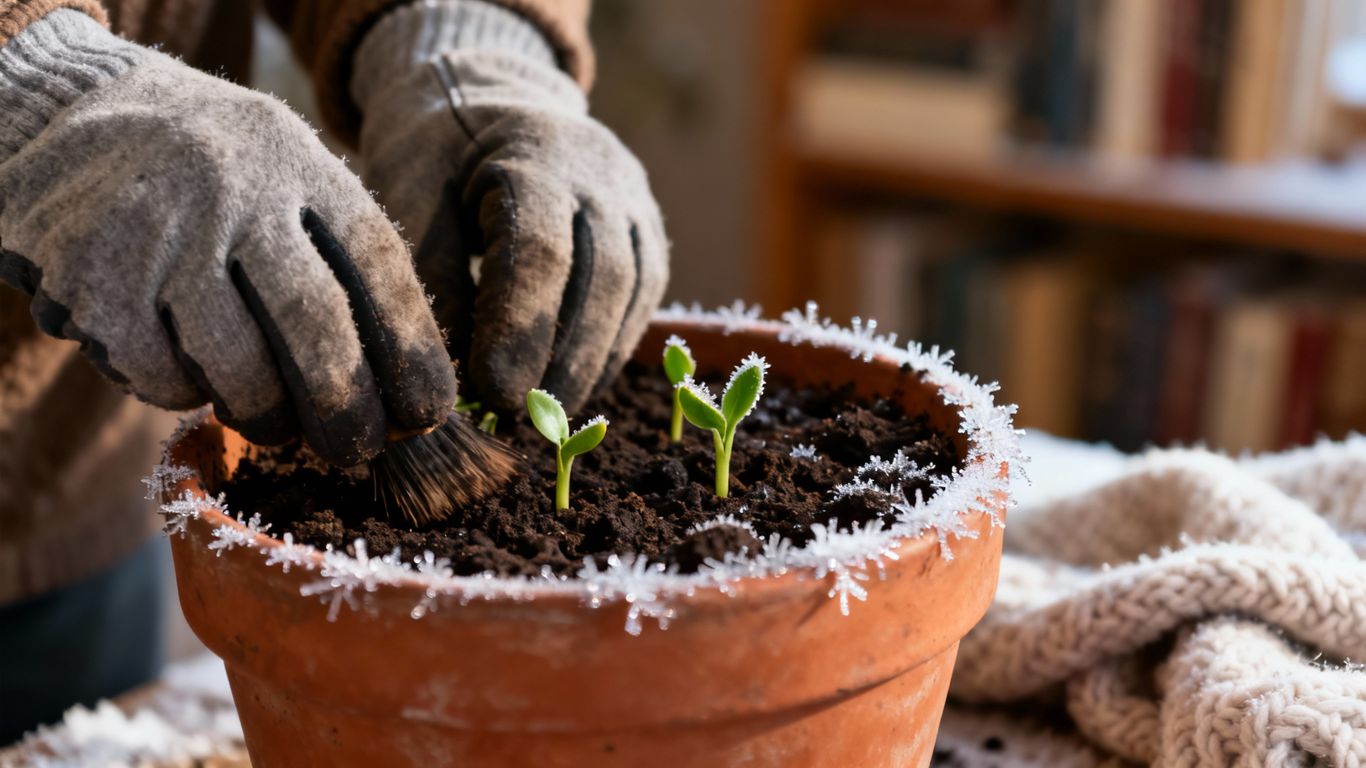 Hände pflegen grüne Sprossen im Topf im Winter.