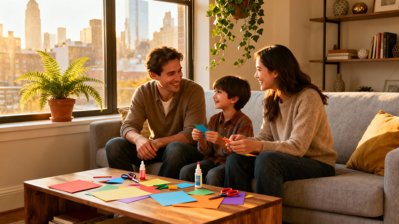 Familie bastelt in gemütlicher Stadtwohnung