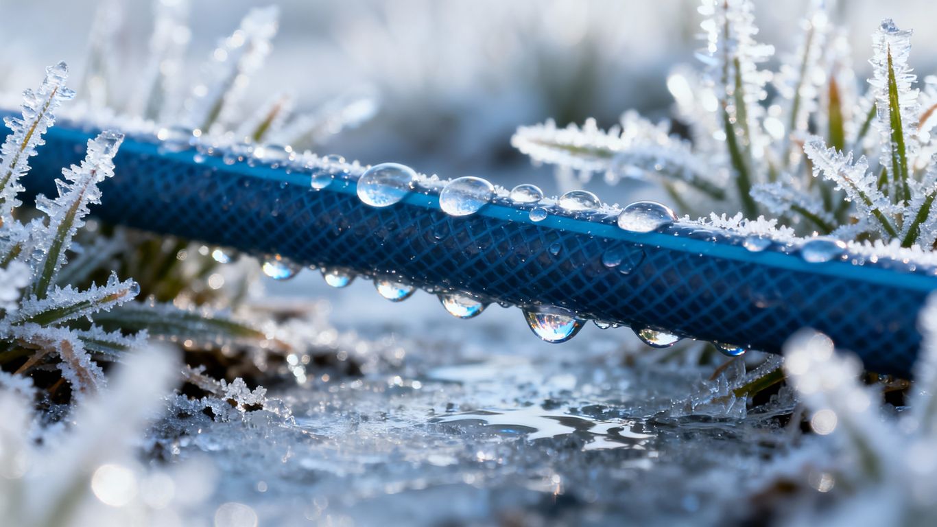 Gartenschlauch mit Frost und Eis auf Pflanzen