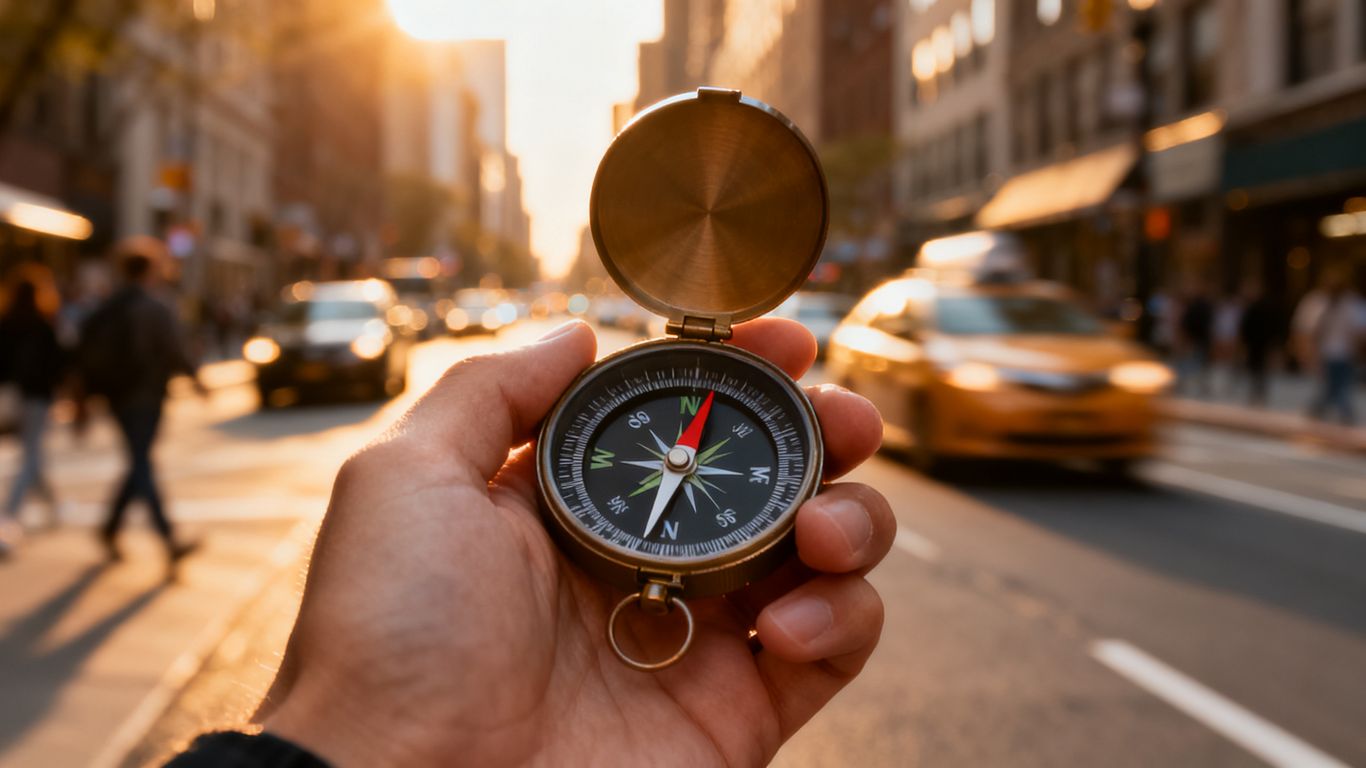 Hand hält Kompass in belebter Stadt