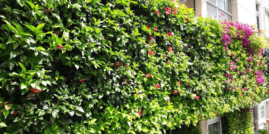 Balkon mit grüner Wand und blühenden Pflanzen.