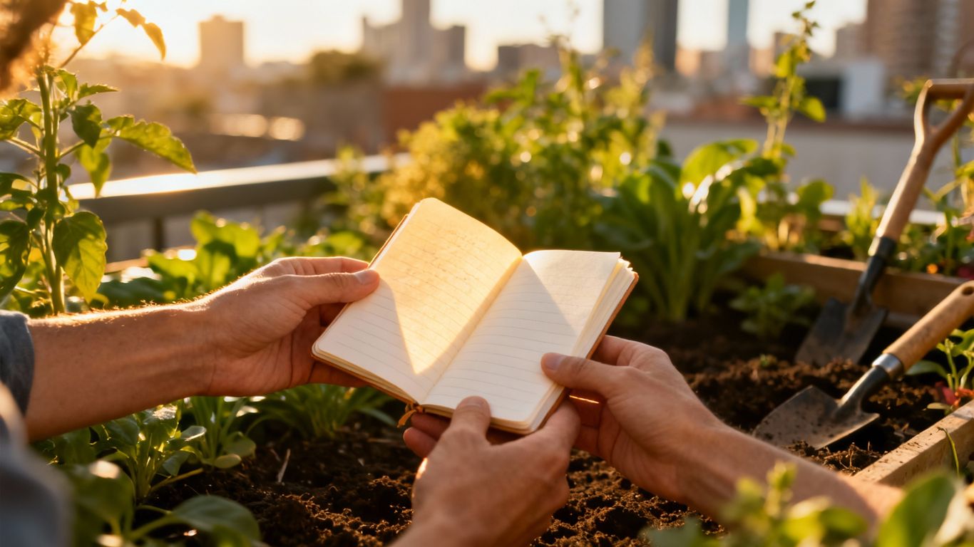 Hände halten ein geöffnetes Gartentagebuch mit Pflanzen im Hintergrund.