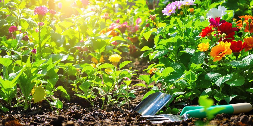 Grüner Garten mit Werkzeugen und Pflanzen.