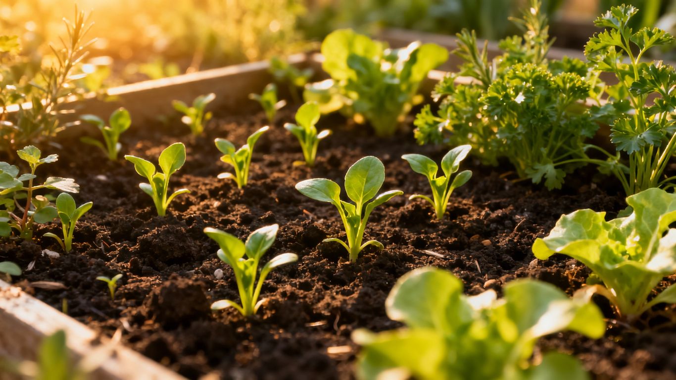 Frische Gemüsesorten und Kräuter im Gartenbeet