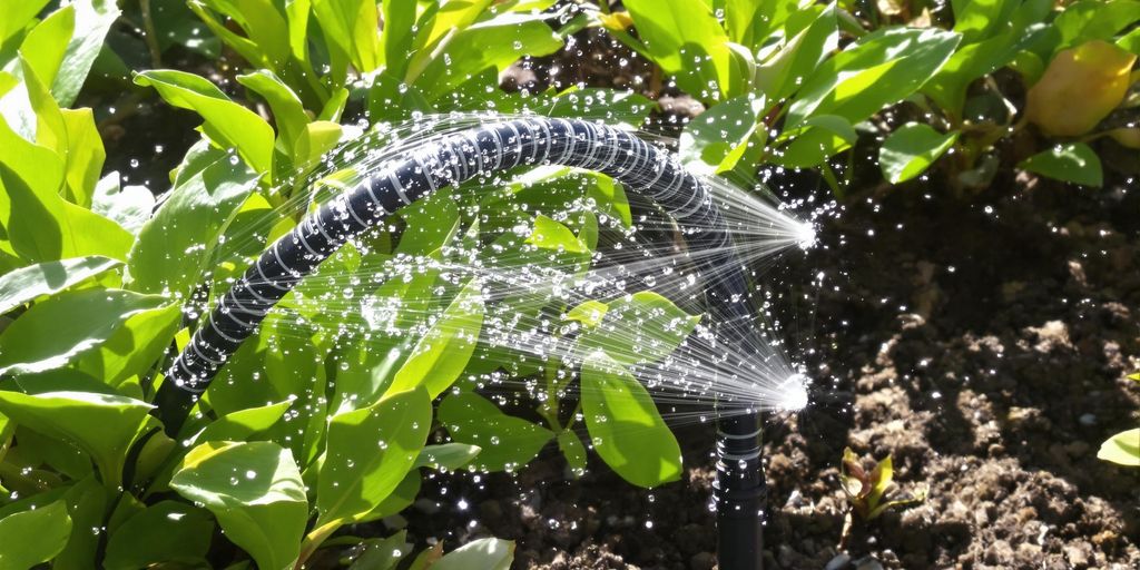 Gartenschlauch mit Sprühdüsen, umgeben von frischen grünen Pflanzen und Wassertropfen