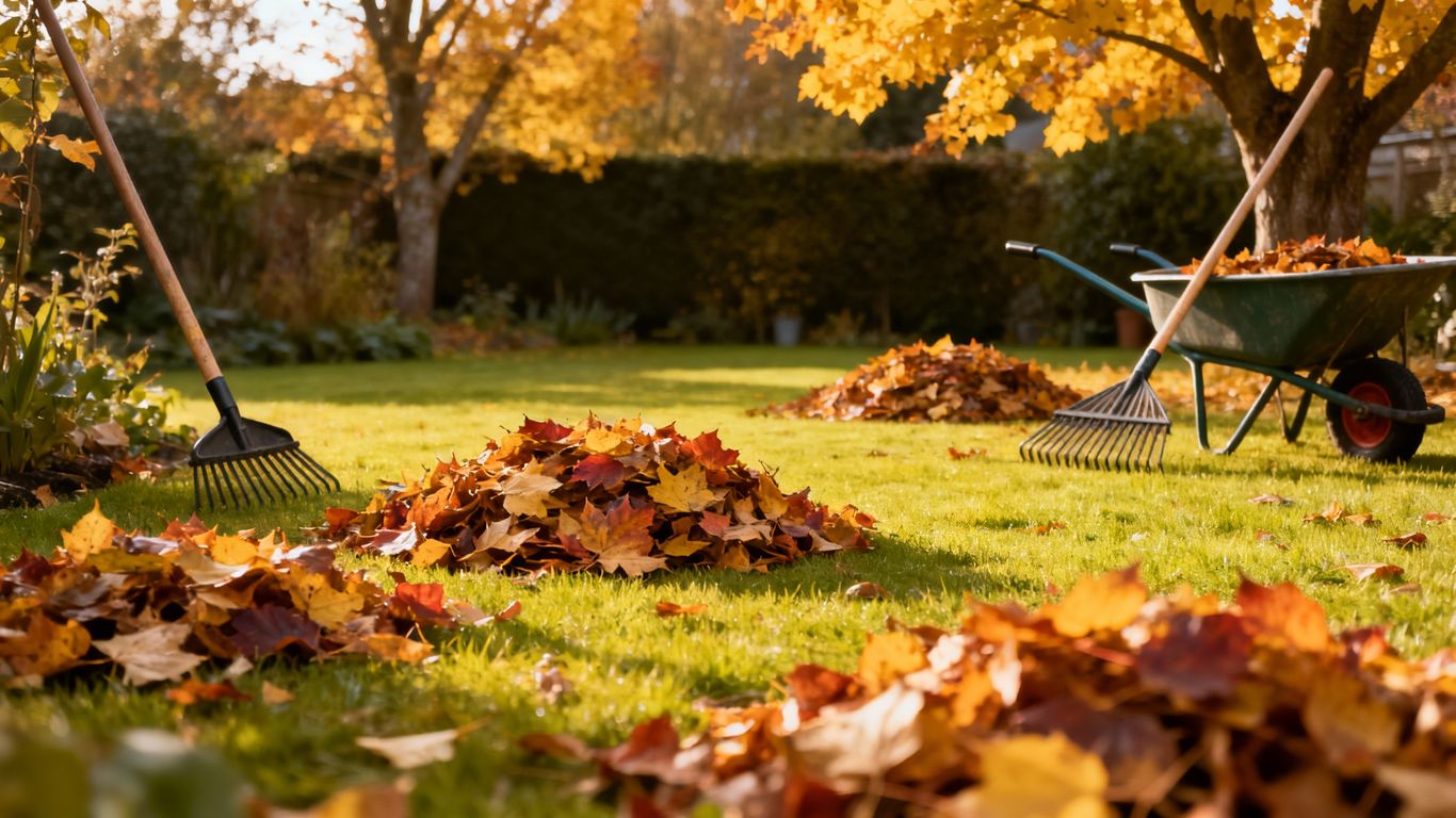 Garten mit Laub und Harke im Oktober, sauber gepflegt.