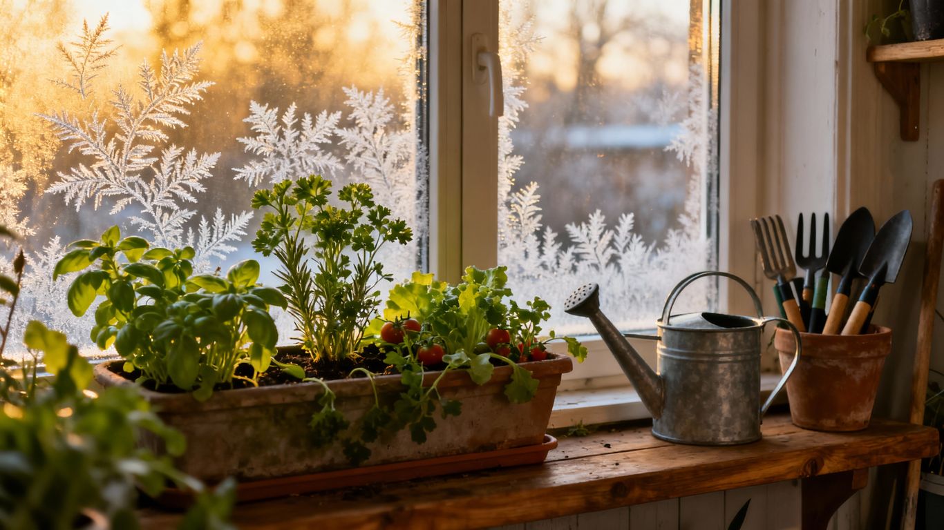 Wintergarten mit Kräutern und Gemüse auf der Fensterbank