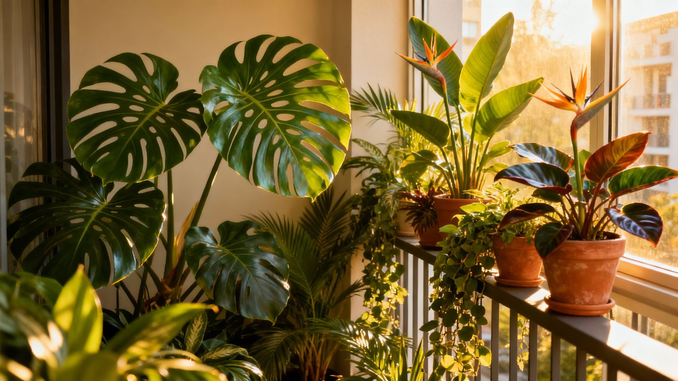 Tropische Pflanzen auf einem urbanen Balkon im Sonnenlicht.