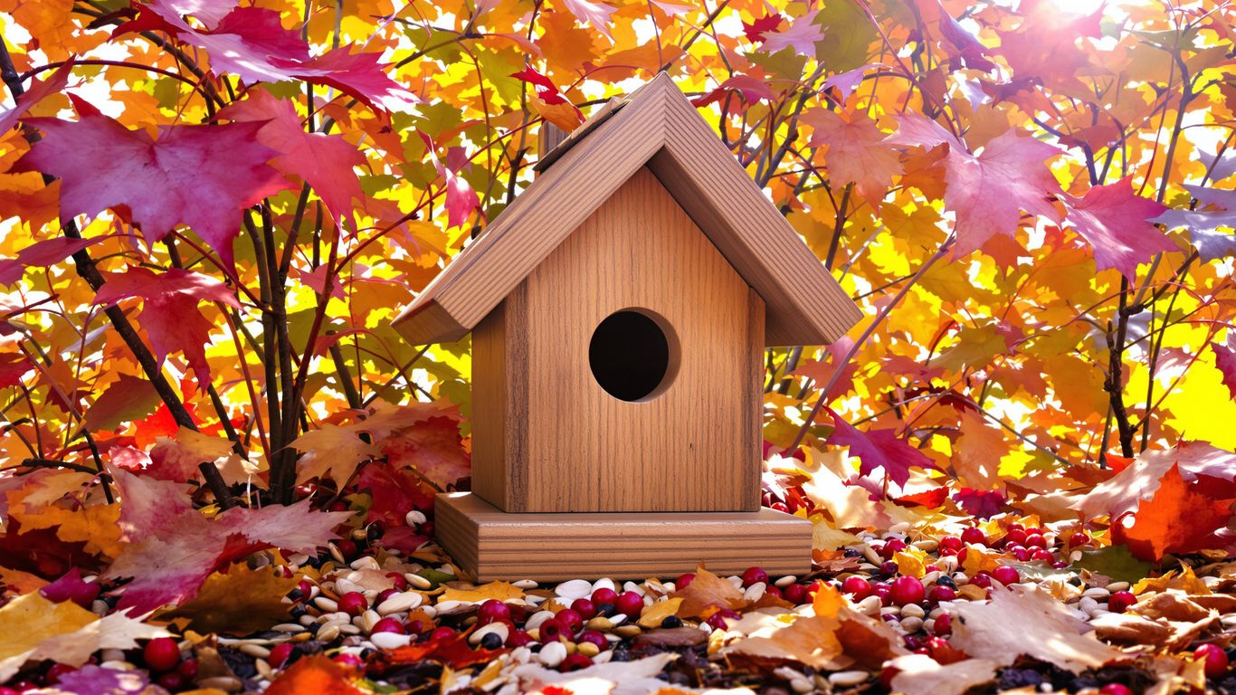 Vogelhaus mit Futter im Herbstlaub