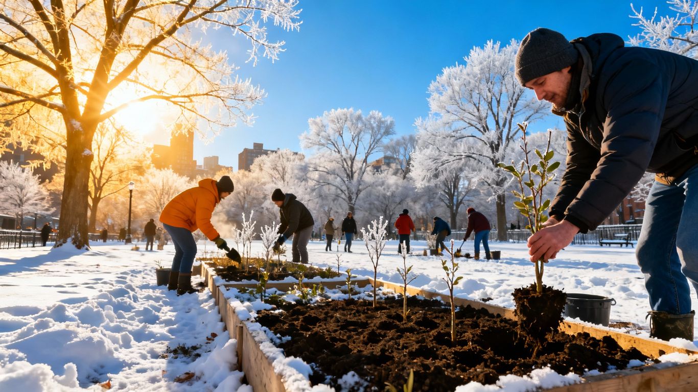 Winterliche Stadtaktion mit Pflanzen und Schnee