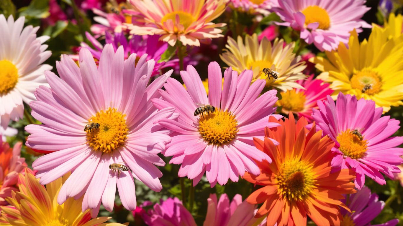 Bienen auf bunten September-Blumen