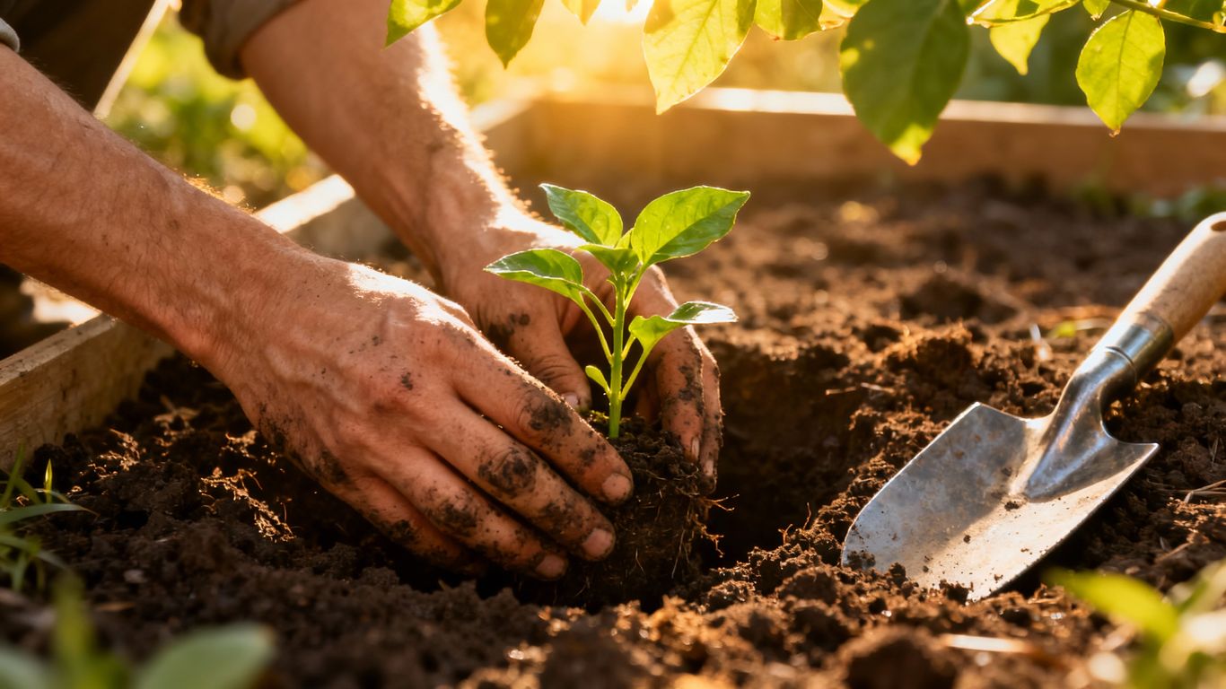 Gärtner pflanzt Setzling in Erde.