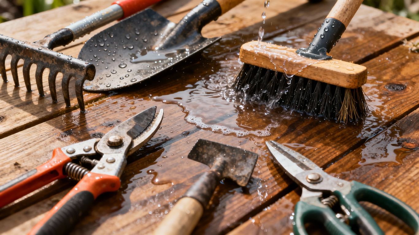 Gartenwerkzeuge werden für den Winter gereinigt.