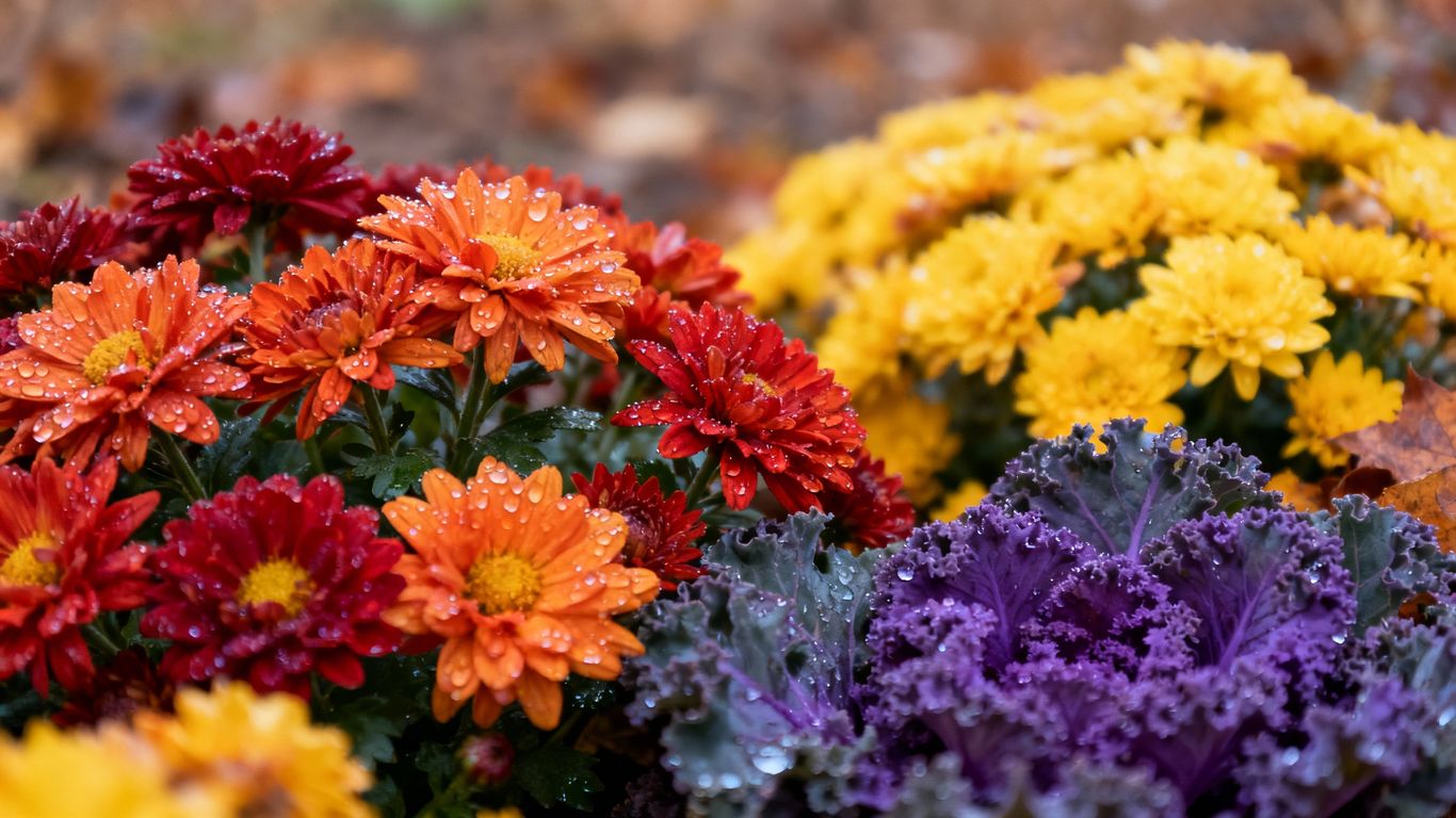 Herbstblumen in leuchtenden Farben auf kühlem Untergrund.