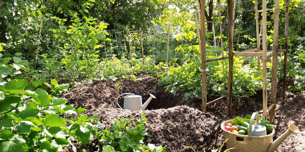 Garten mit Kompost, Gemüsebeeten und selbstgebauten Rankhilfen
