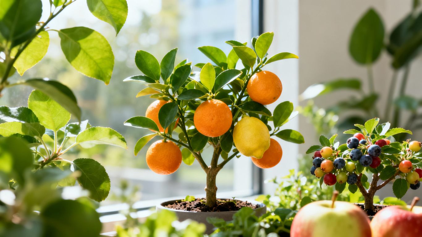 Kompakte Obstpflanzen in einem hellen Wintergarten
