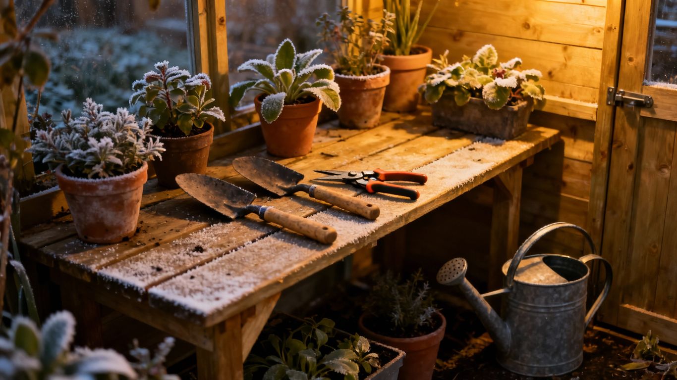 Gartenwerkzeuge und Pflanzen im Wintergarten