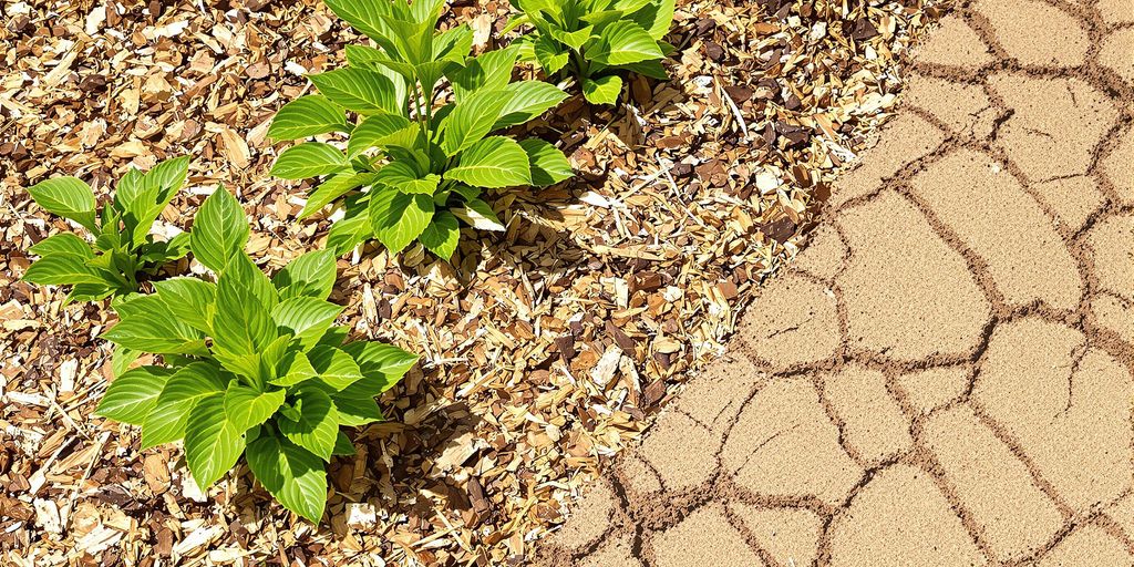 Gartenbeet mit Mulchmaterialien und gesunden grünen Pflanzen