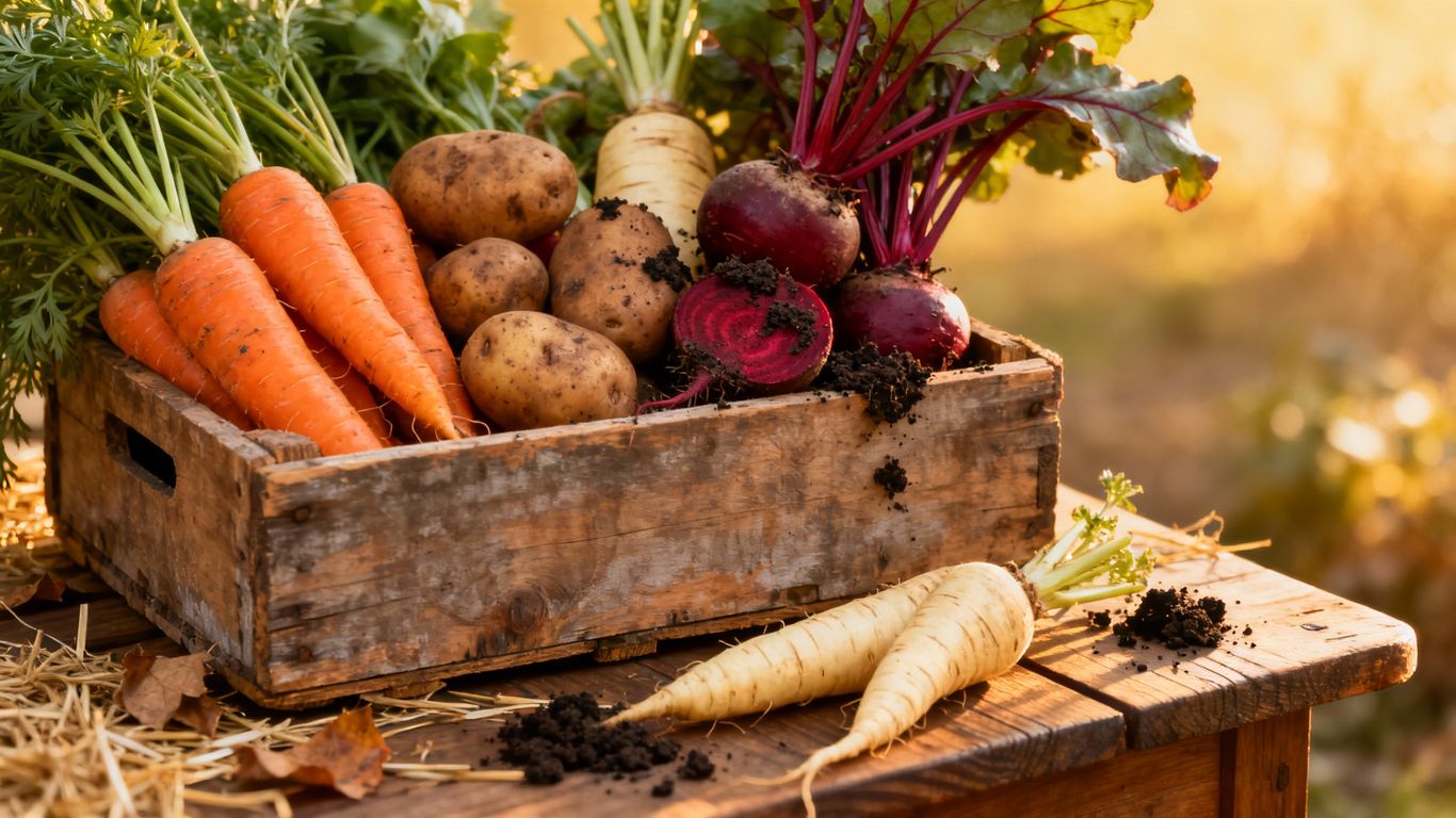Wurzelgemüse in Holzkiste für die Lagerung