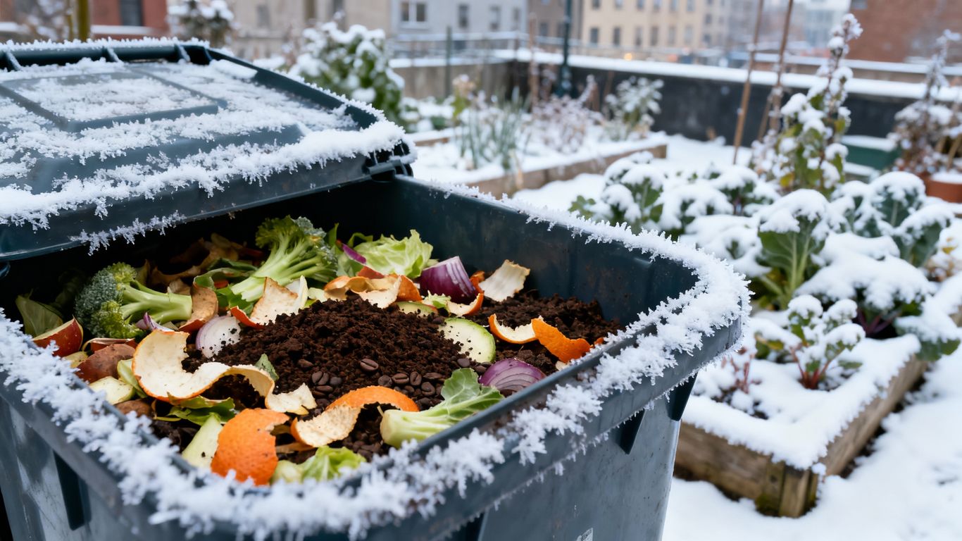 Kompostbehälter mit Küchenabfällen im winterlichen Stadtgarten