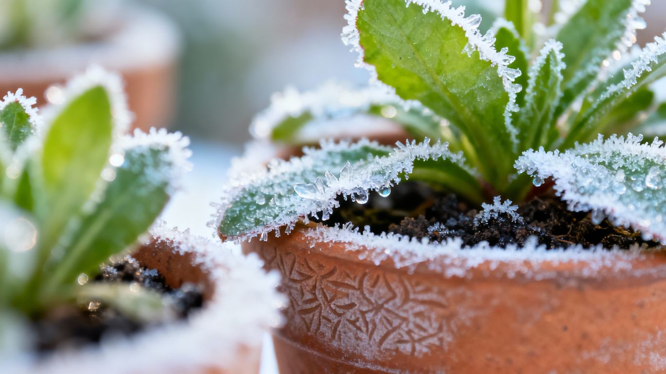 Töpfe mit Pflanzen im Frost