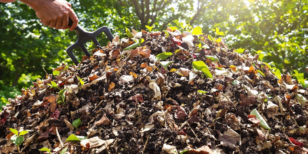 Komposthaufen im Garten mit frischen Gemüseabfällen und Blättern