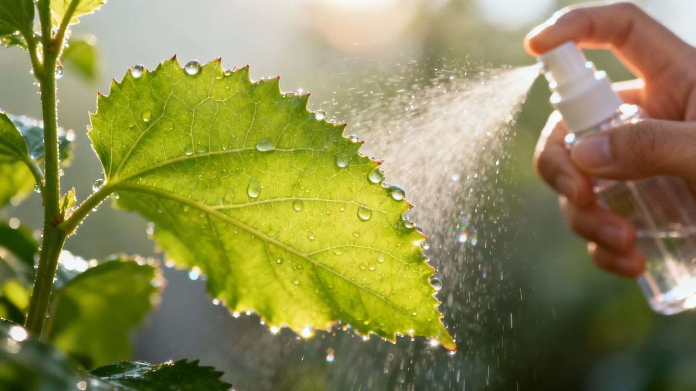 Gesunde Pflanze wird mit Wasser besprüht