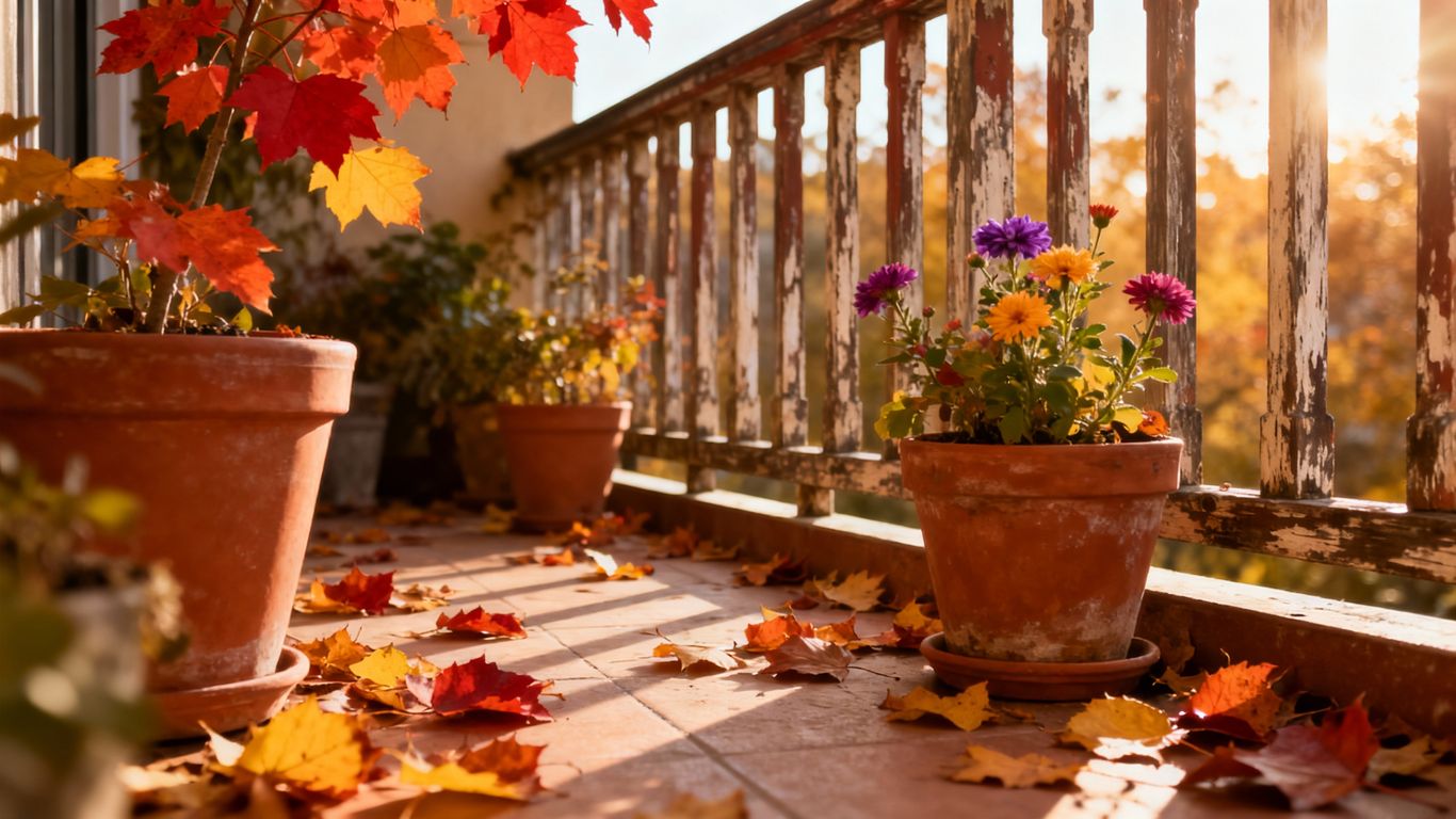 Balkon im Herbst mit bunten Blättern und Pflanzen.