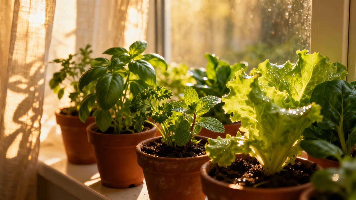 Frische Kräuter und Gemüse auf der Fensterbank