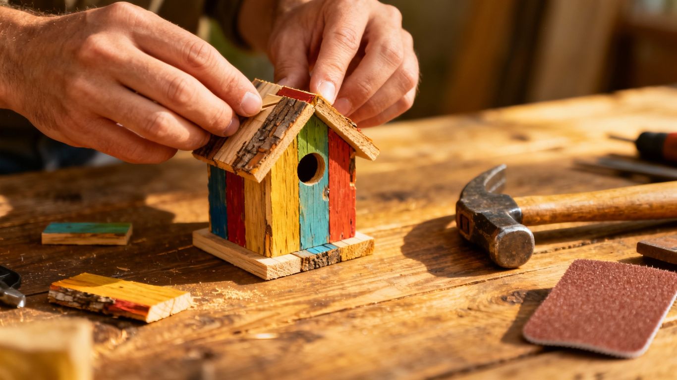 Hände bauen Vogelhaus aus alten Holzresten.