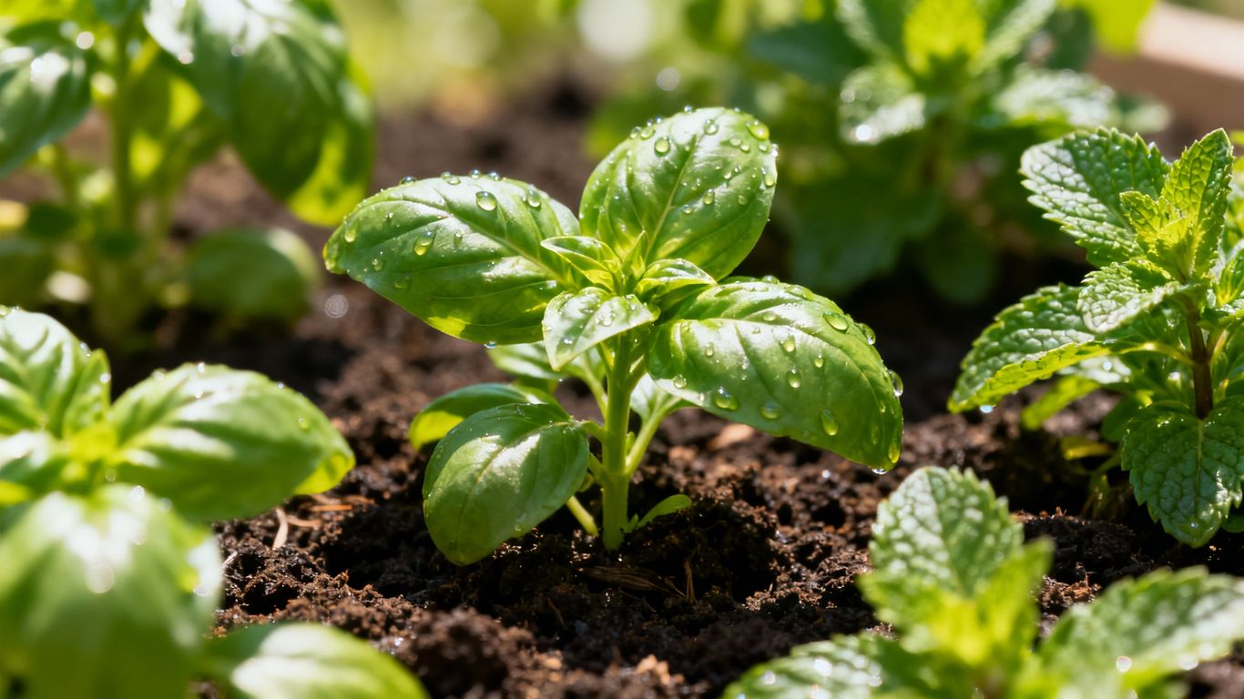 Frische grüne Kräuter wachsen im Sonnenlicht.