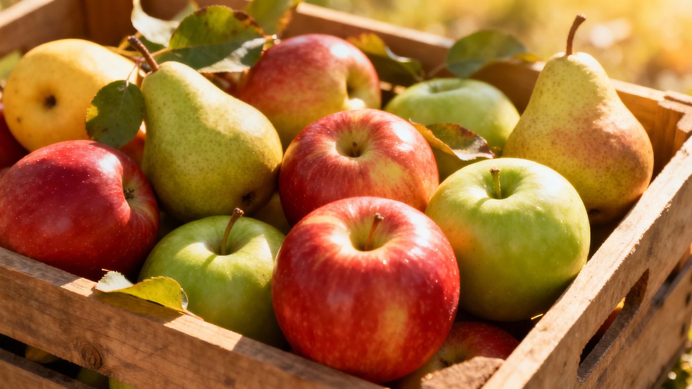 Äpfel und Birnen in einer Holzkiste