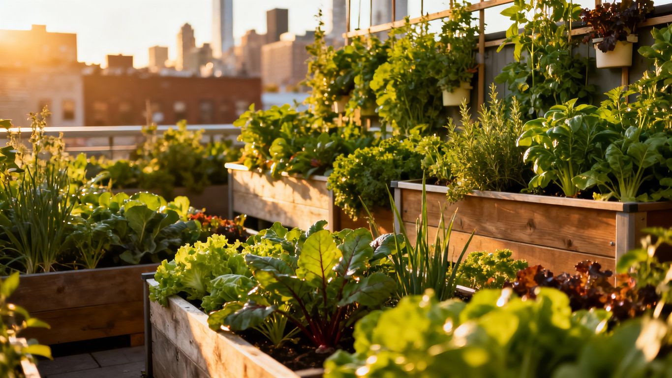 Stadtdachgarten mit Gemüse und Kräutern