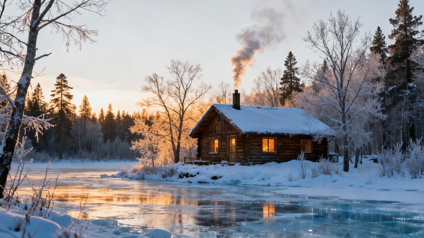 Selbstversorger-Hütte im verschneiten Winterwald