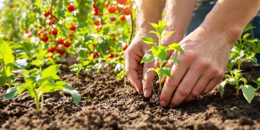 Hände pflanzen Tomatensetzlinge im sonnigen Gemüsegarten ein.