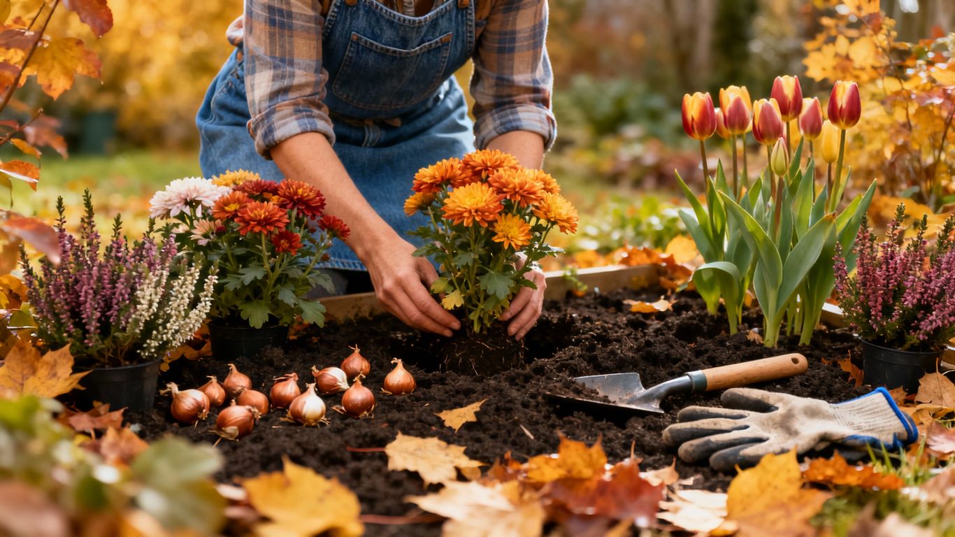 Gärtner pflanzt Herbstblumen und Zwiebeln im Oktober.