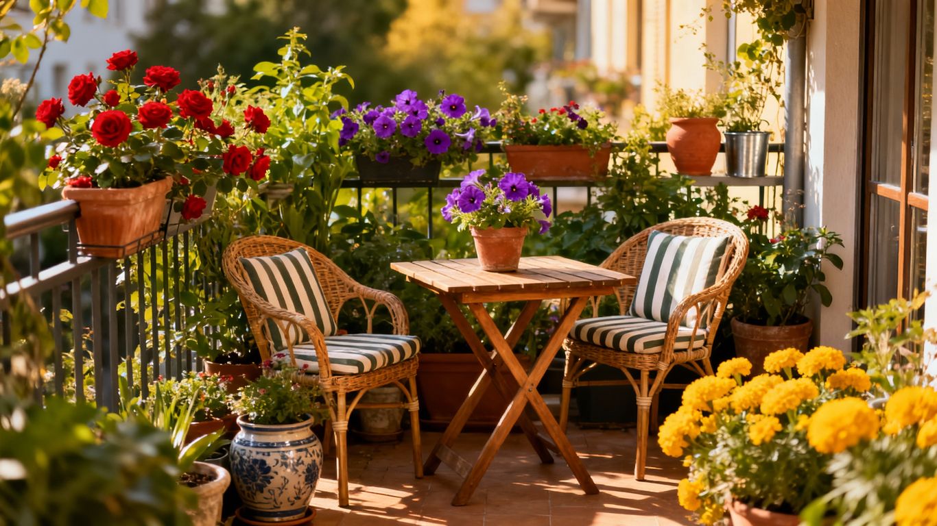 Kleine Balkonfläche mit Pflanzen und Möbeln gestaltet.