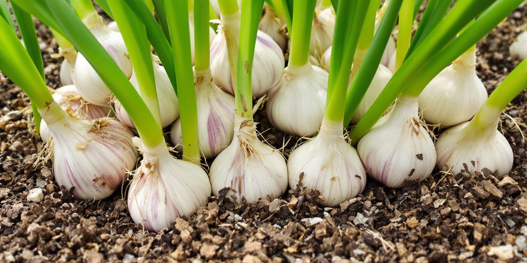 Reife Knoblauchpflanzen im Boden mit grünen Blättern.