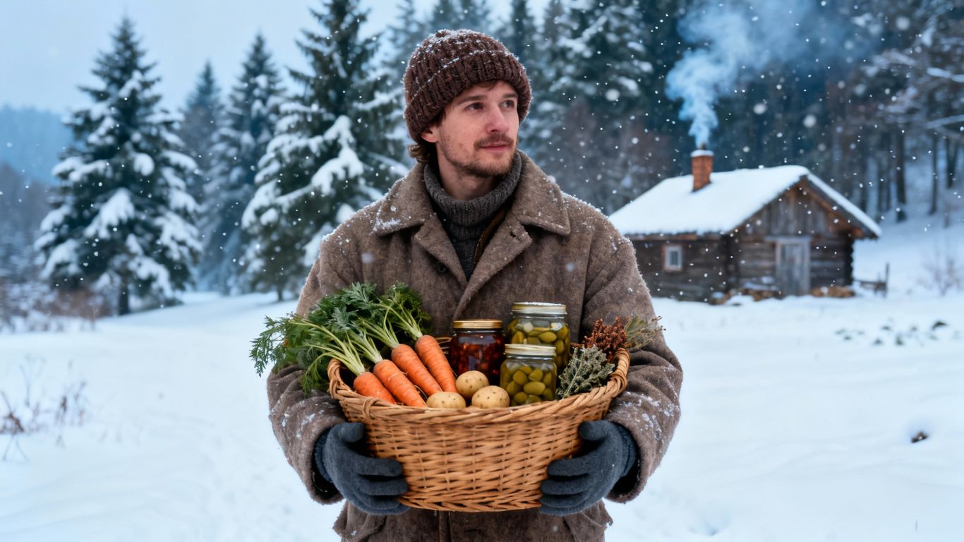 Selbstversorgerin im Winter mit Ernte und Vorräten