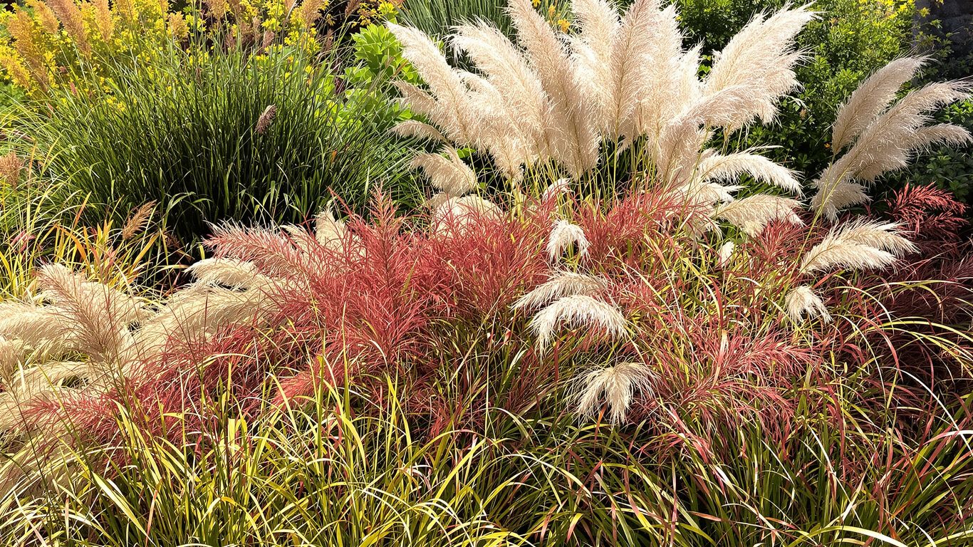 Ziergräser im September in voller Pracht mit herbstlichen Farben.