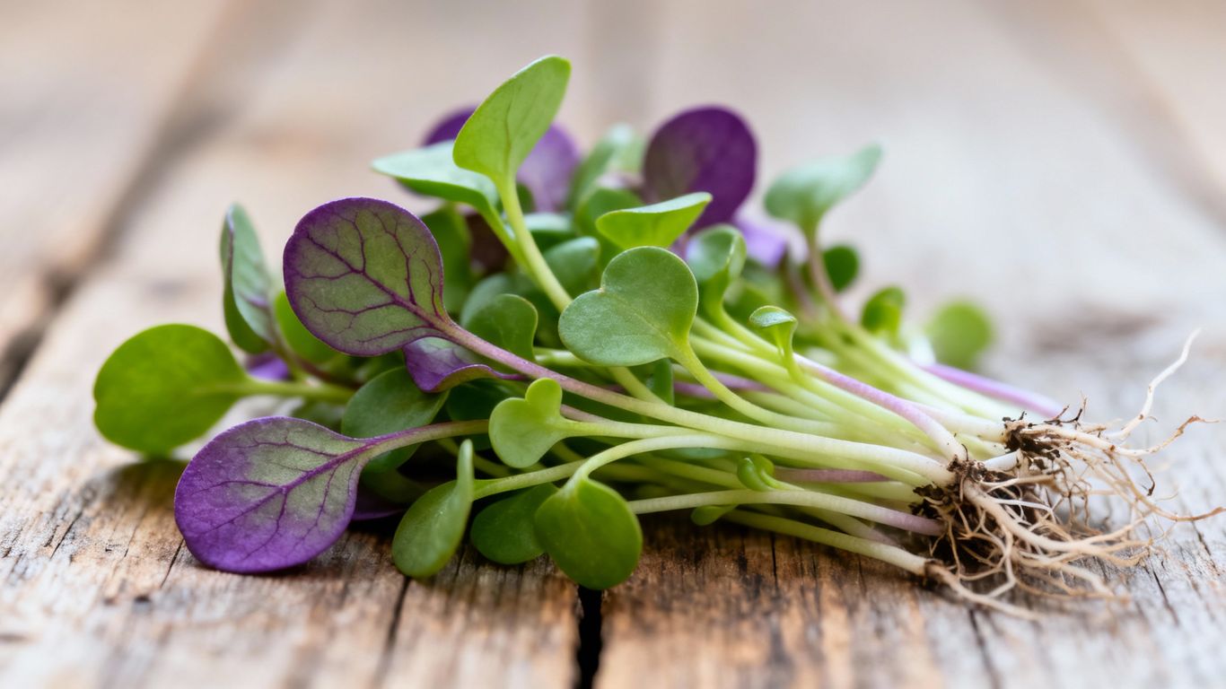 Frische Mikrogreens auf einem Holztisch im Januar.