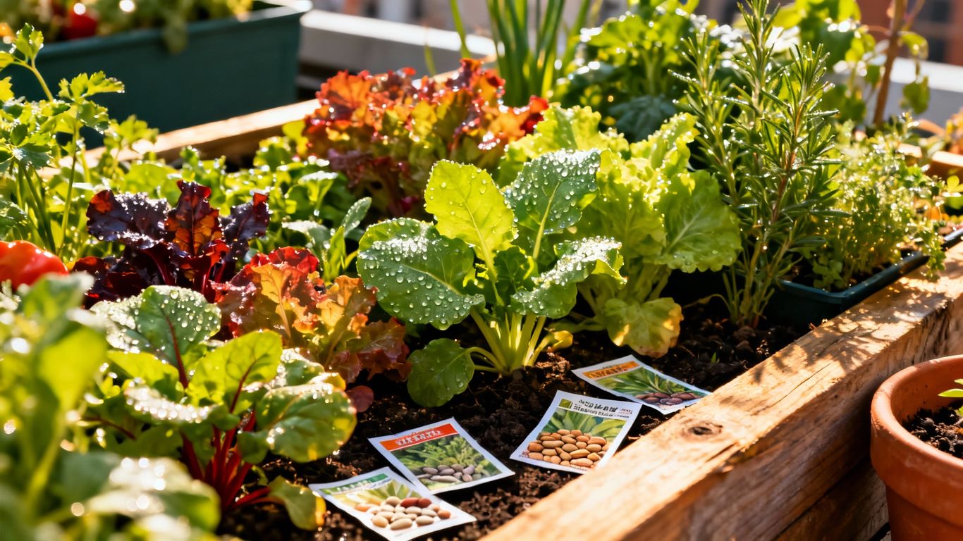 Balkongarten mit bunten Gemüsepflanzen und Kräutern.