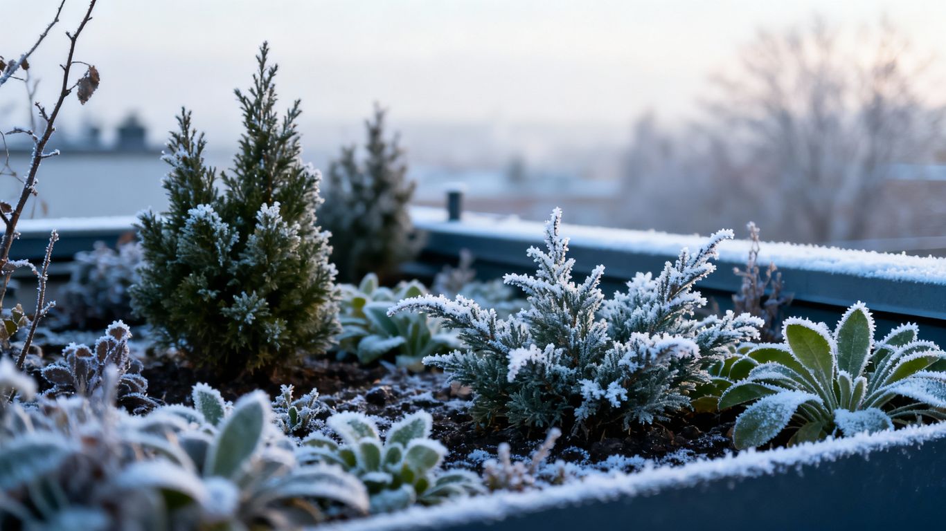 Begrünte Dachterrasse im Winter mit Schnee und Frost