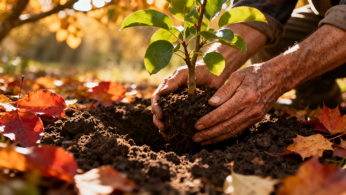Gärtner pflanzt Obstbaum im Oktober