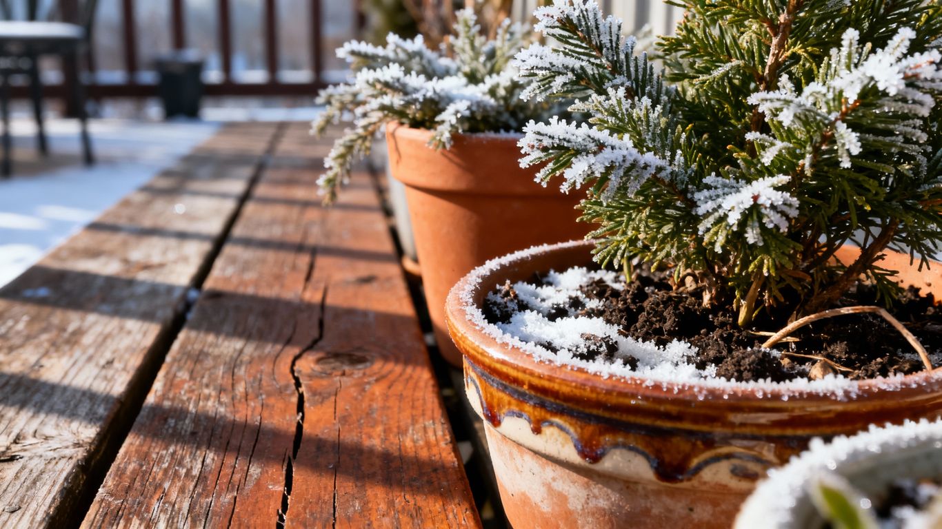 Winterliche Töpfe mit Pflanzen auf Holzhintergrund
