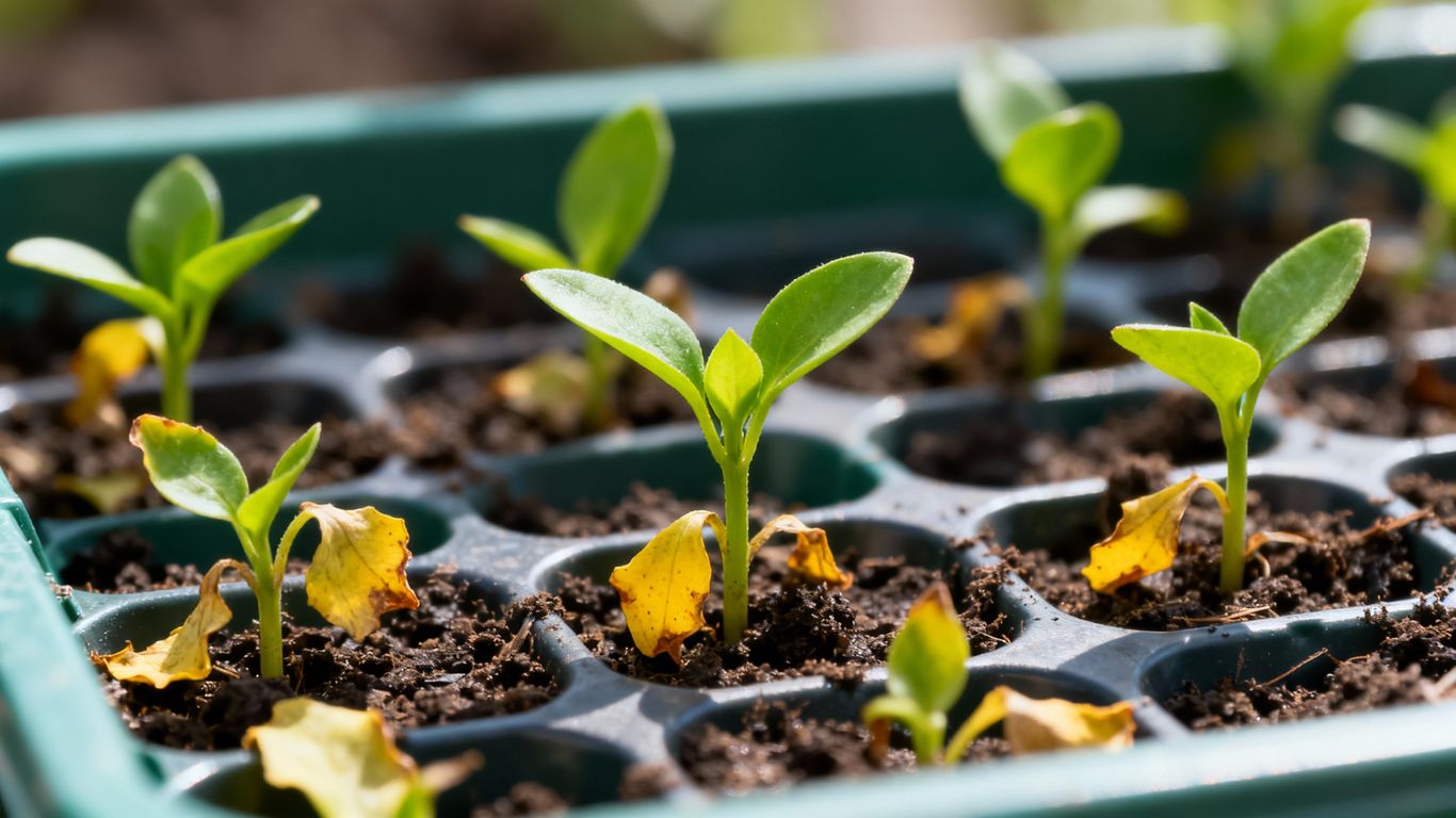 Kleine Setzlinge in einer Anzuchtschale mit einigen gesunden und einigen schwächelnden Pflanzen.