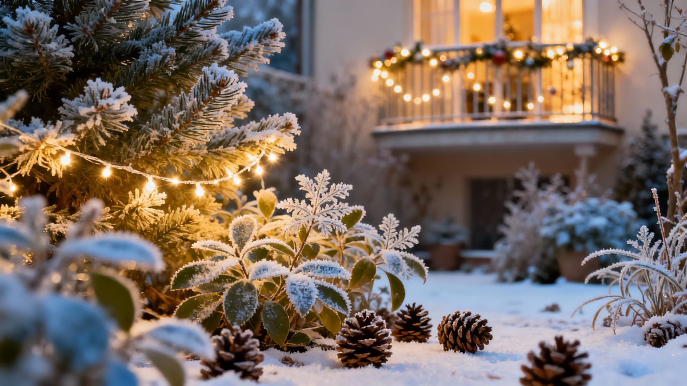 Winterliche Gartendekoration mit Lichtern und Schnee