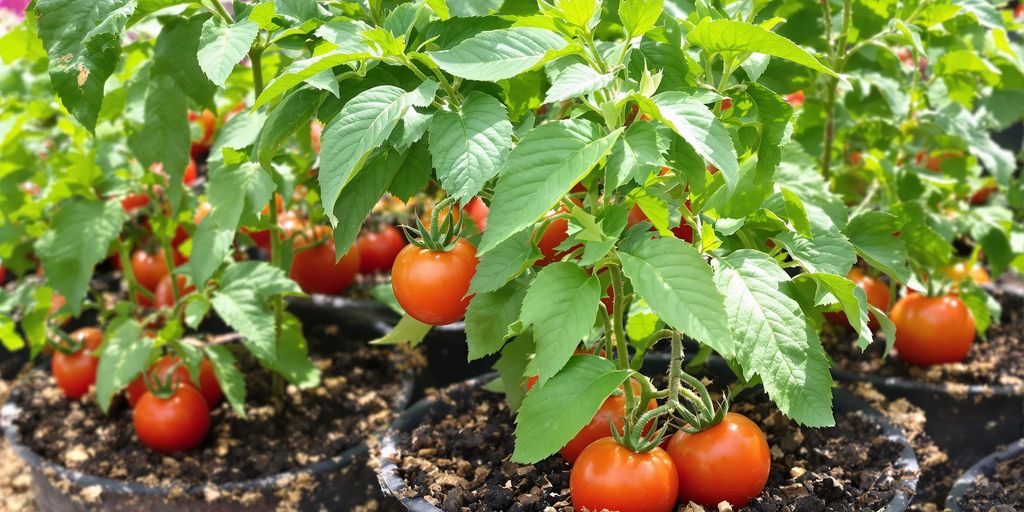 Tomatenpflanzen in Töpfen mit nährstoffreicher Erde und Zutaten