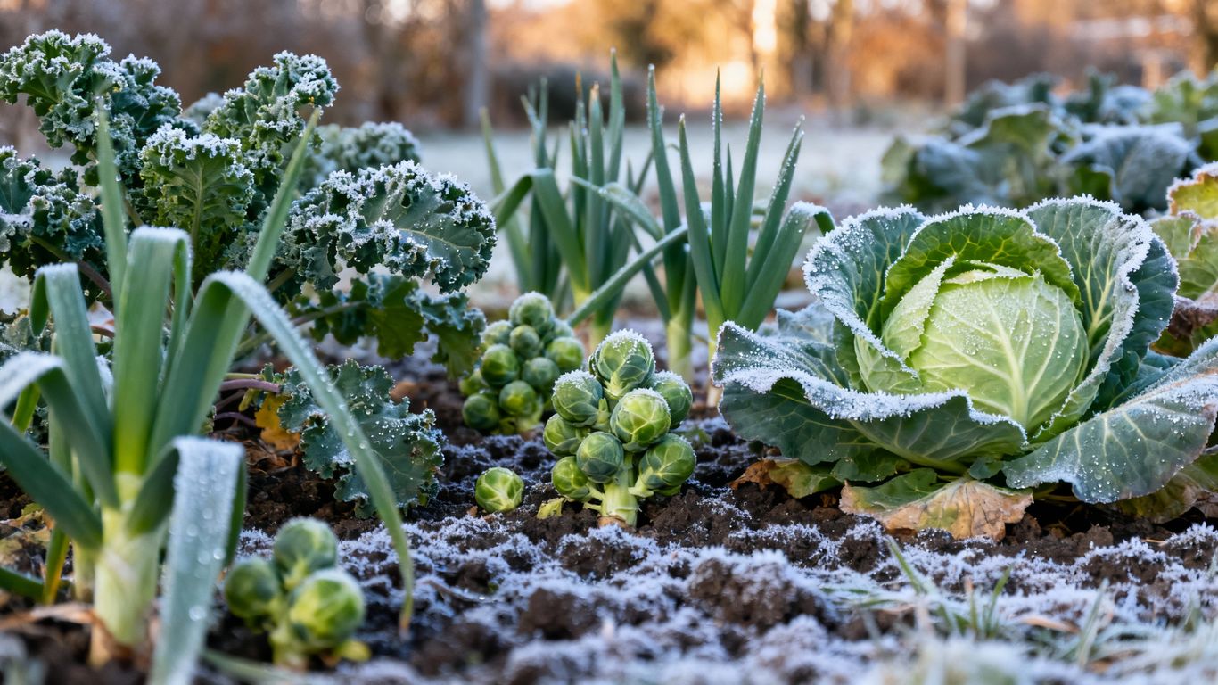 Wintergemüse im deutschen Garten mit Frost im November
